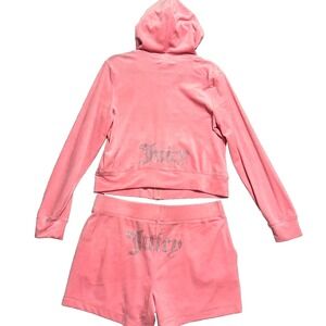 Juicy Couture Bling Velour Tracksuit Hoodie and Shorts LARGE Flamingo Pink NEW